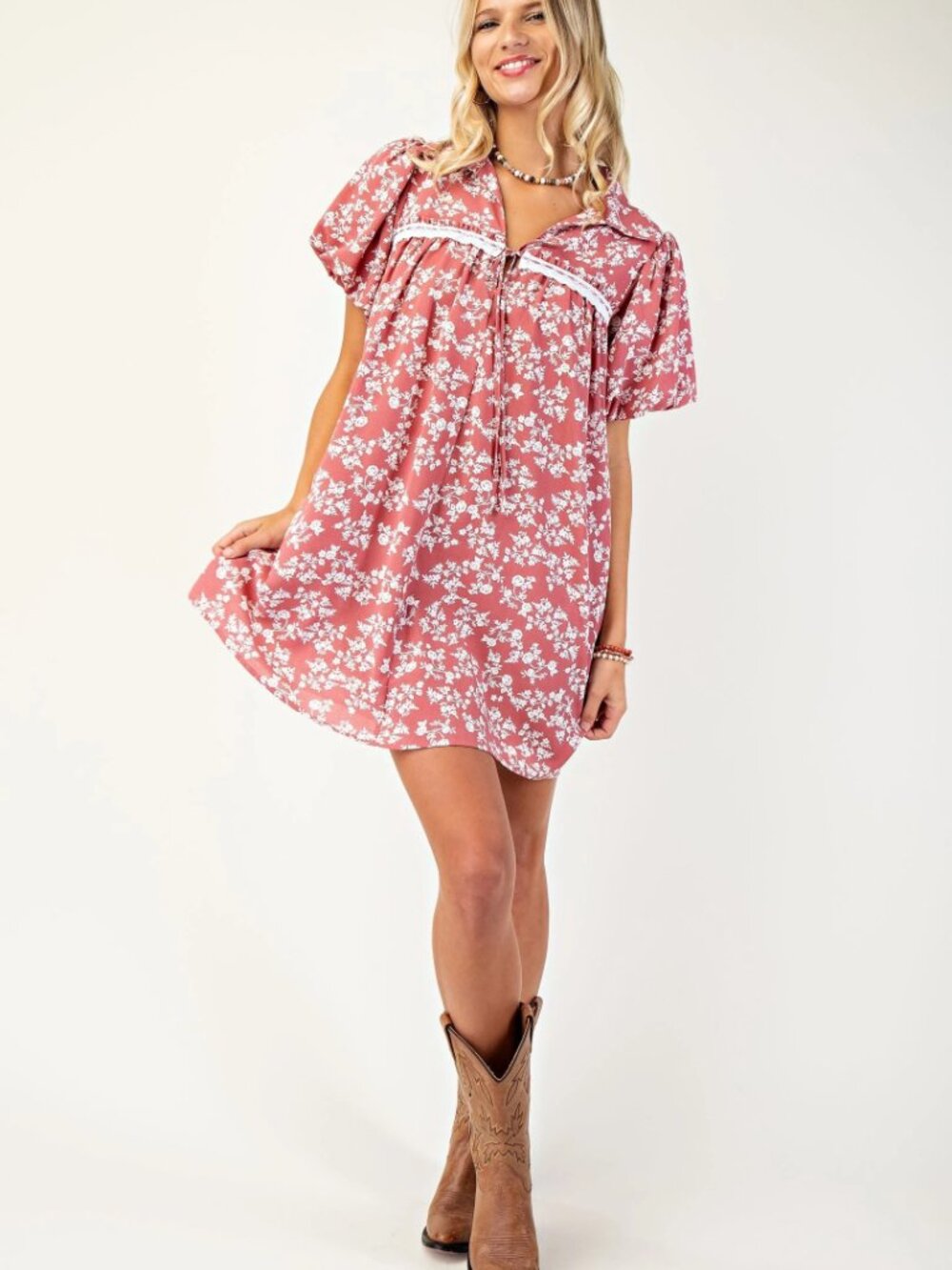 Floral Puff Sleeve Mini Dress with Lace and ribbon detail